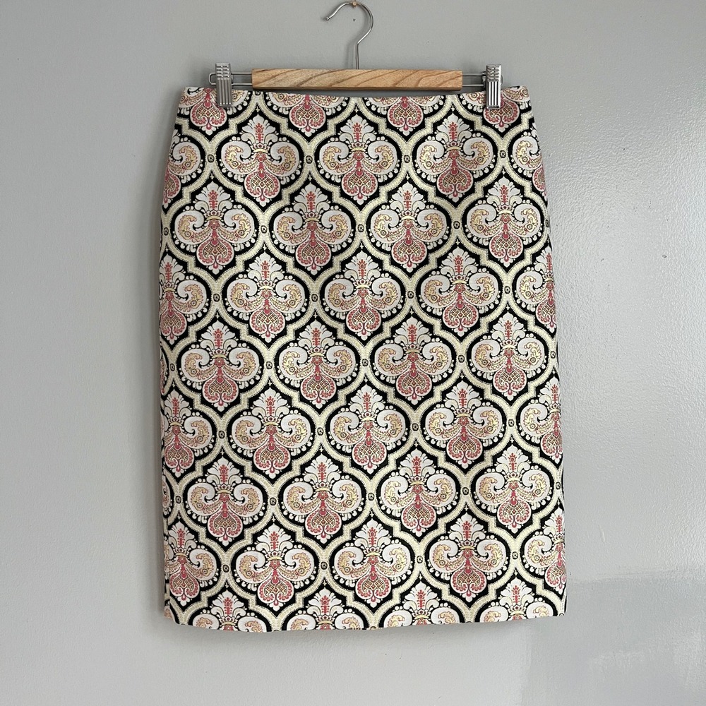 Talbots Metallic Damask Brocade Pencil‎ Skirt Size 8 Gold Pink Black Silk Blend